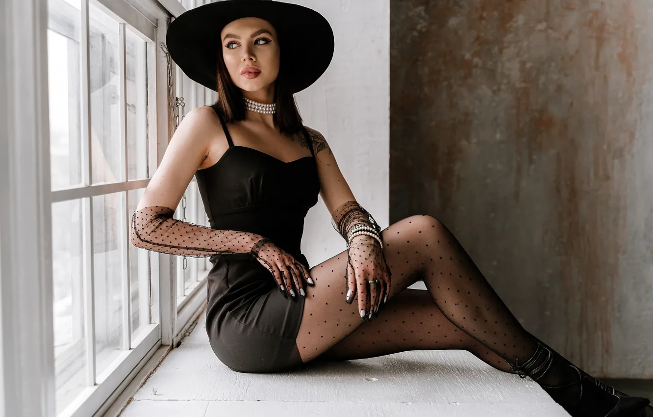 Photo wallpaper look, hat, dress, tattoo, tattoo, sill, tights, hat