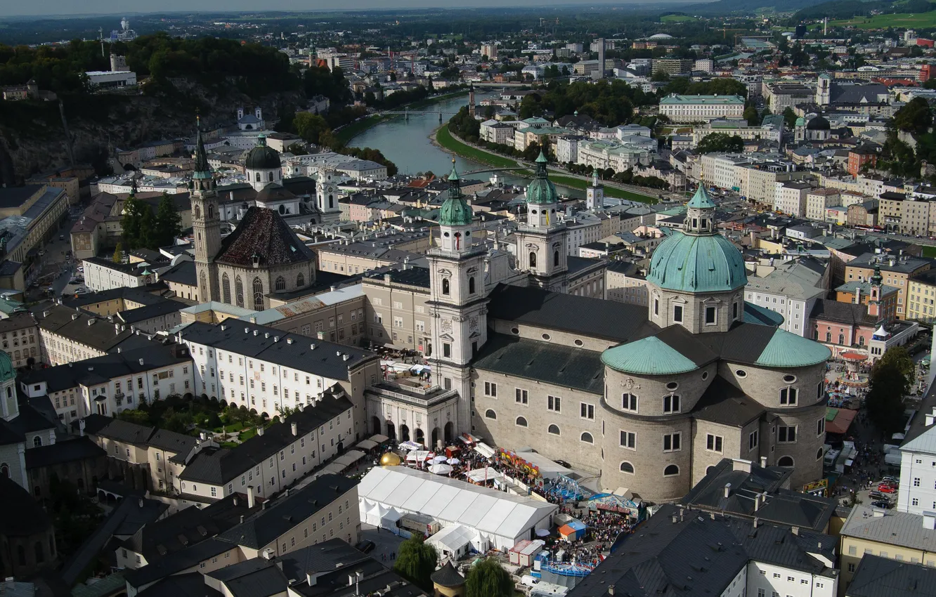 Photo wallpaper river, Austria, panorama, Cathedral, Salzburg