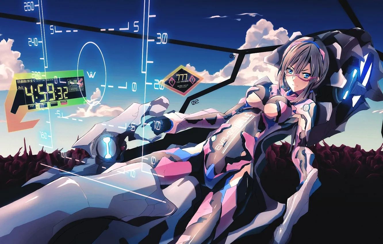 Photo wallpaper girl, interface, art, glasses, fur, cabin, Neon Genesis Evangelion, merontomari