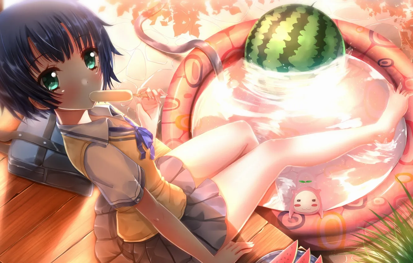 Photo wallpaper water, girl, anime, watermelon, art, ice cream, form, schoolgirl