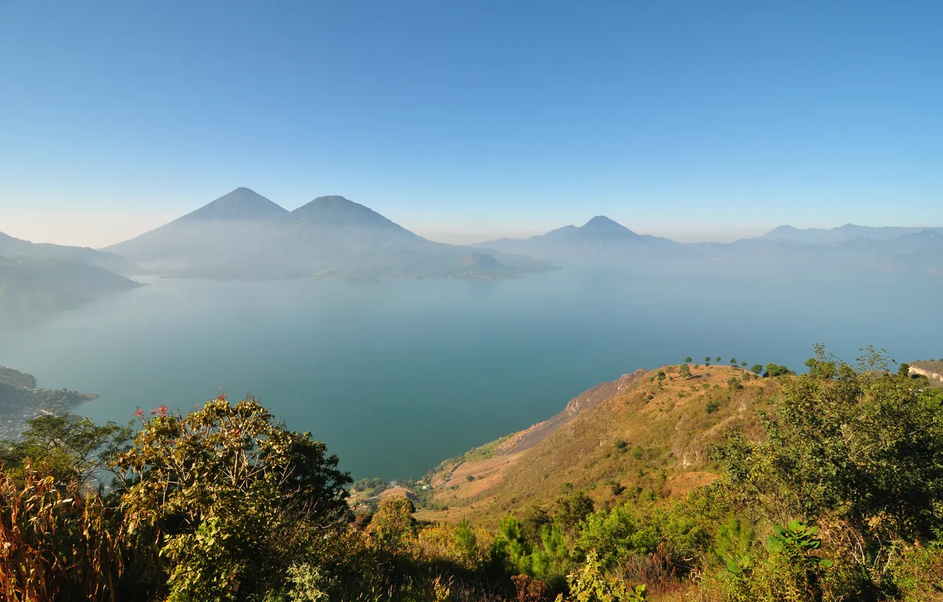 Photo wallpaper nature, fog, Guatemala, mountain lake, Lake Atitlan Guatemala, Atitlan