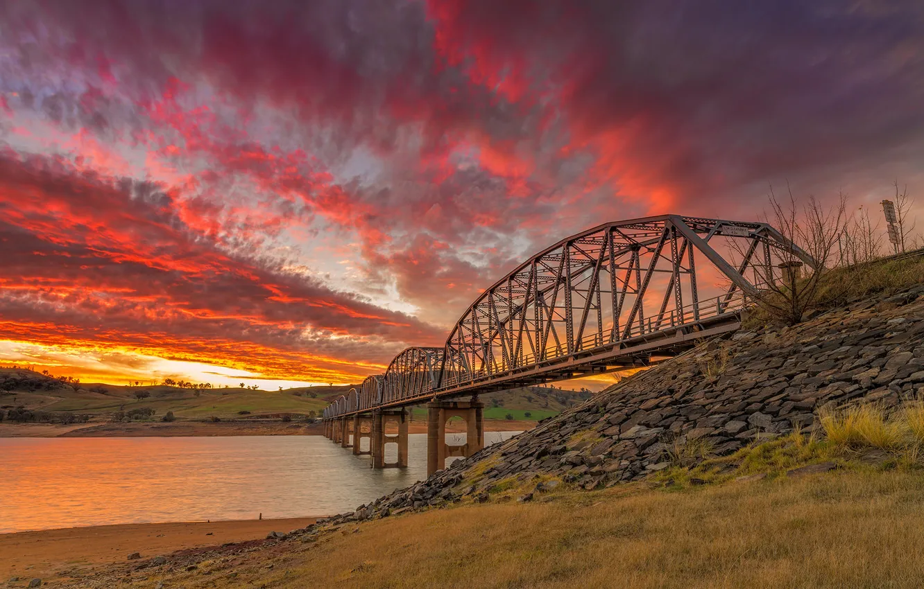 Photo wallpaper the sky, clouds, bridge, river, support, glow