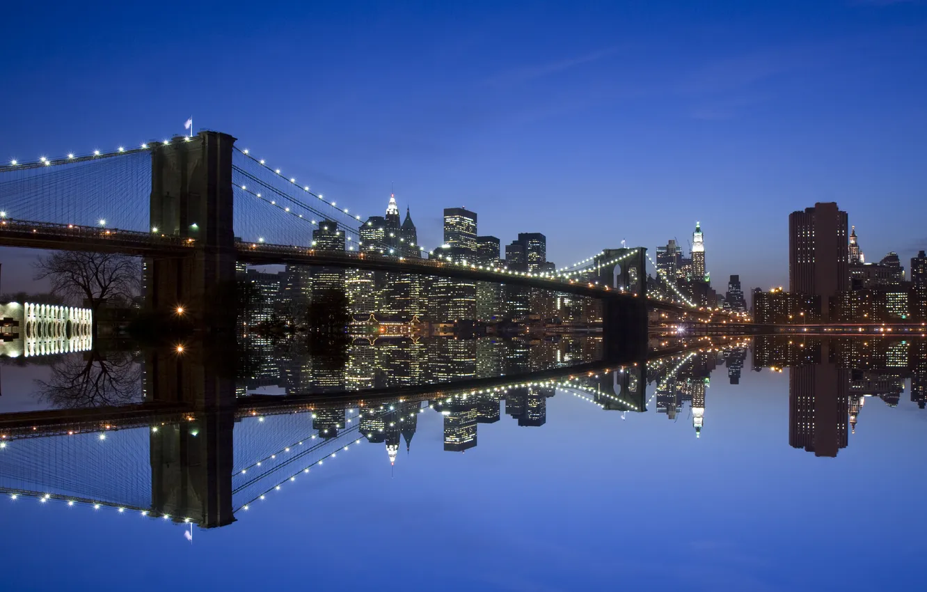 Photo wallpaper night, bridge, the city, reflection, river, home