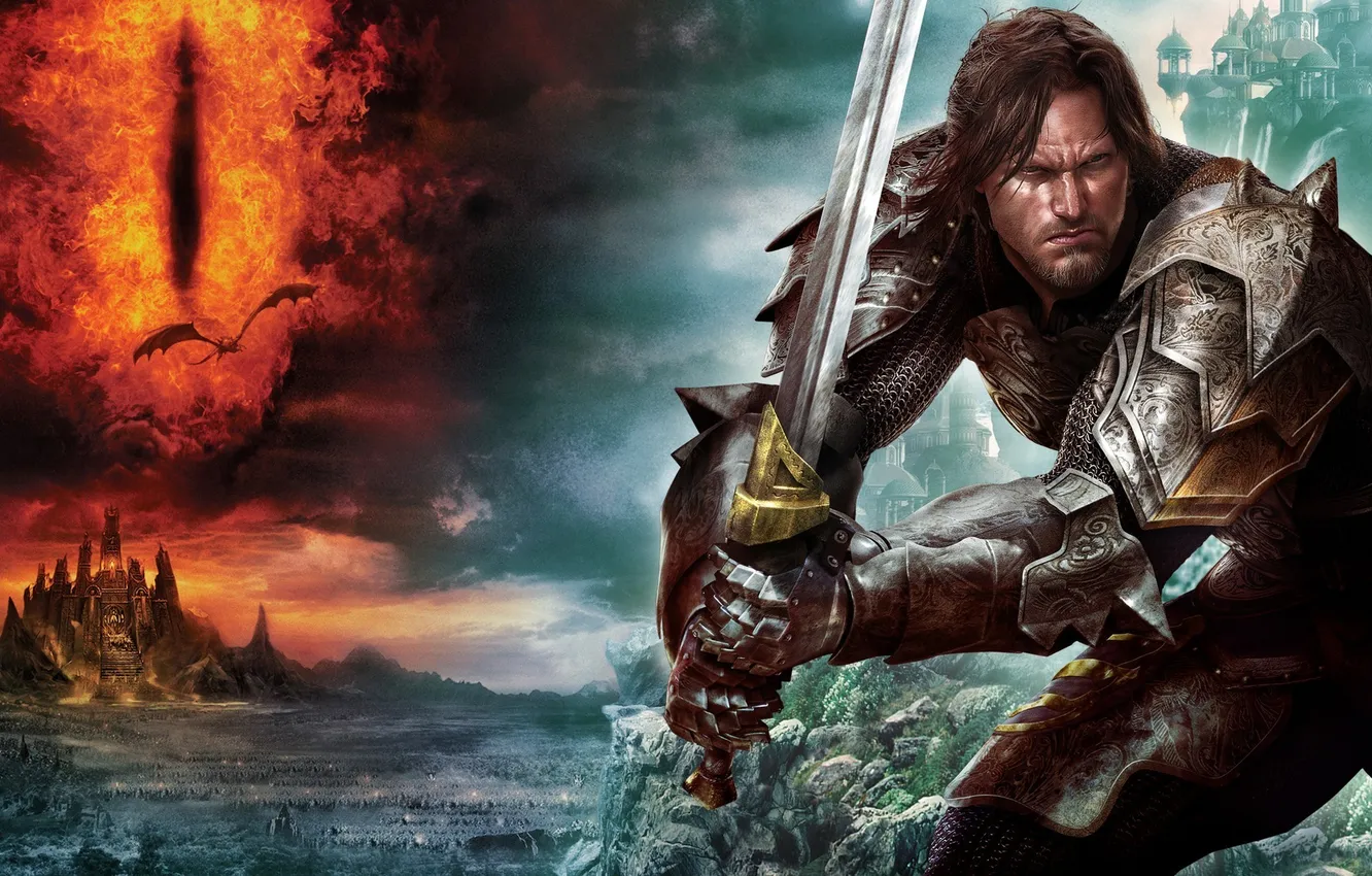 Photo wallpaper lights, castle, dragon, sword, ring, fire, sword, ring