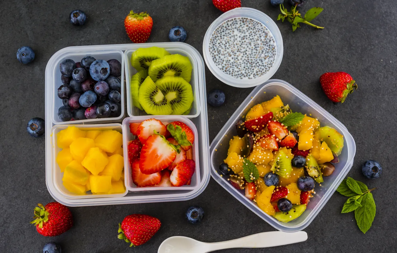 Photo wallpaper berries, kiwi, blueberries, strawberry, pineapple, dessert, fruit, yogurt