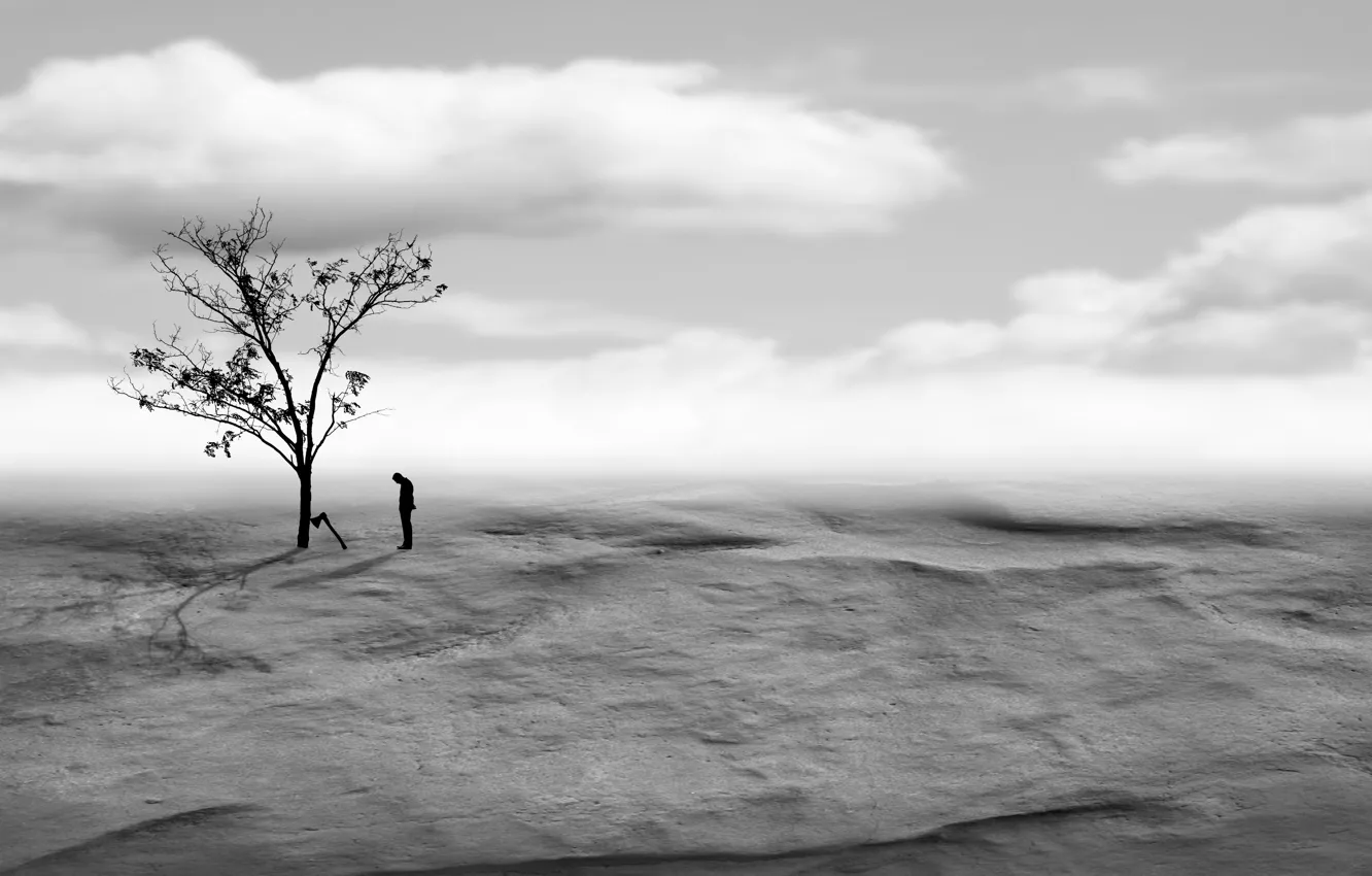 Photo wallpaper trees, desert, people, axe