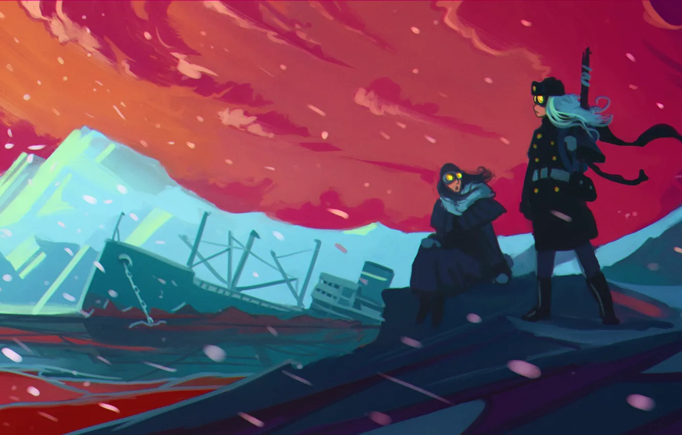 Photo wallpaper ice, winter, the sky, girl, clouds, snow, mountains, the wind