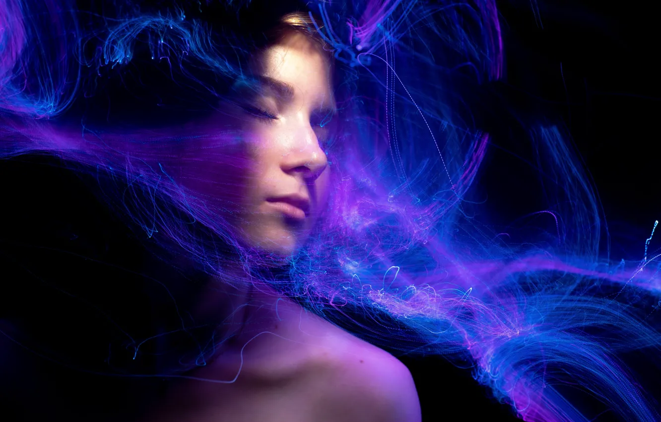 Photo wallpaper purple, girl, light, line, blue, abstraction, face, style