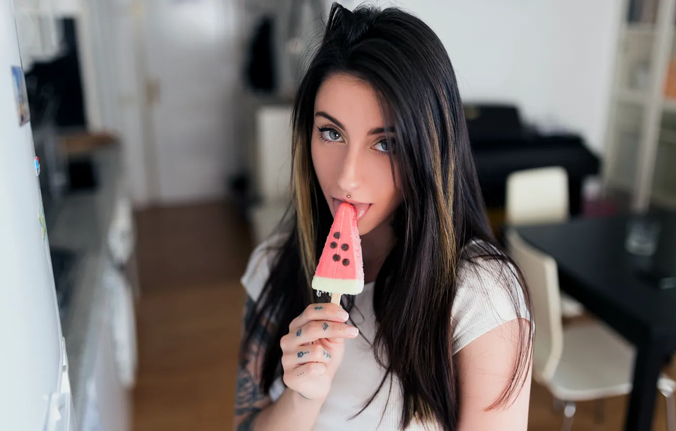 Photo wallpaper girl, long hair, photo, blue eyes, model, tattoo, lips, face