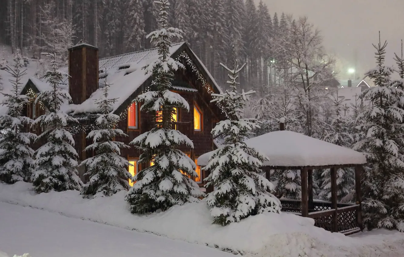 Photo wallpaper snow, house, house, snow, winter forest, Winter Forest