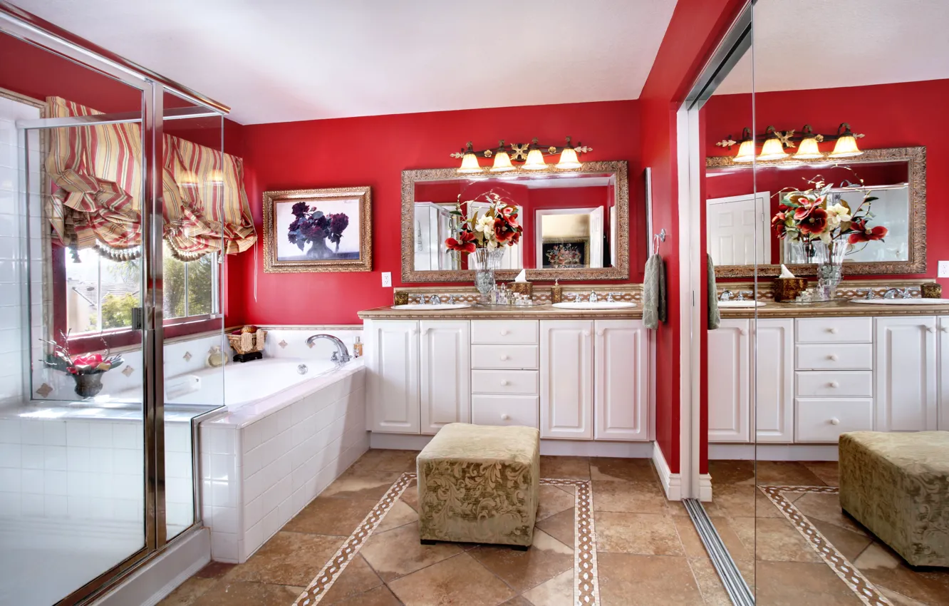 Photo wallpaper red, style, interior, mirror, bathroom