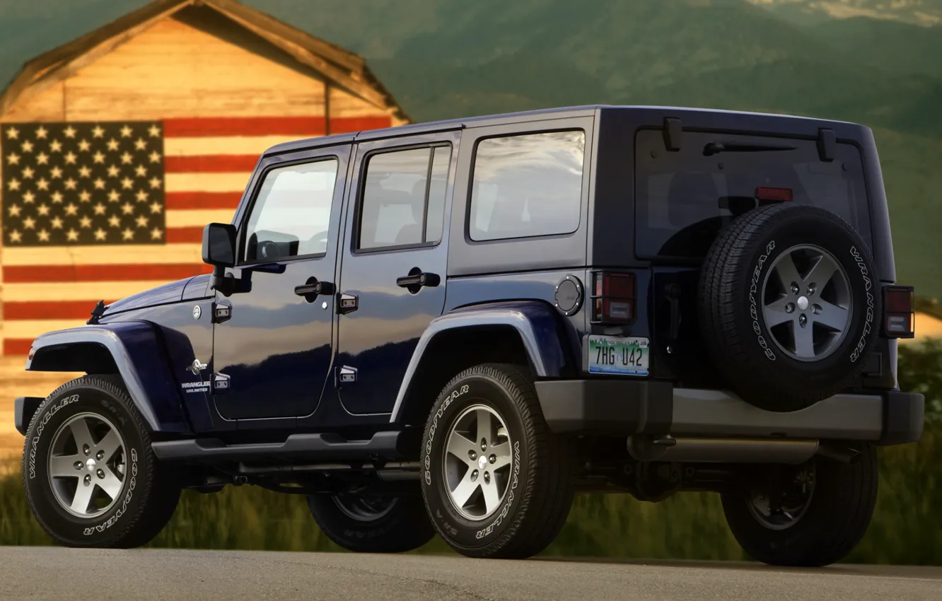 Photo wallpaper SUV, Jeep, rear view, American flag, Freedom, Wrangler, Ringler, Jeep