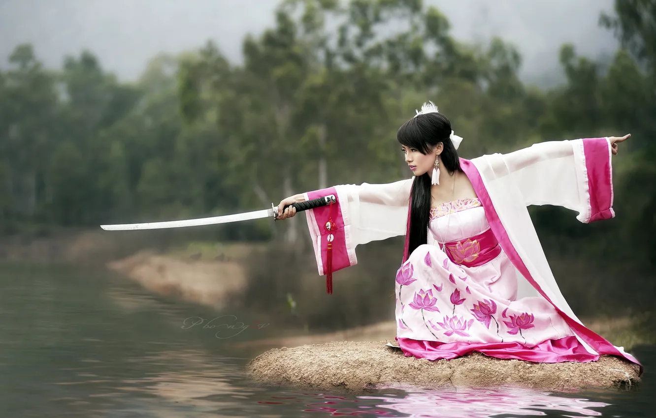 Photo wallpaper girl, weapons, katana