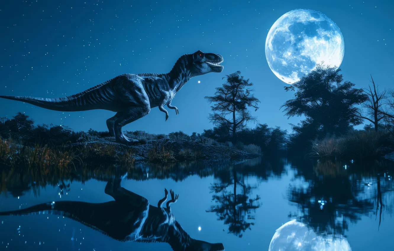 Photo wallpaper water, trees, night, reflection, animal, the moon, dinosaur, predator
