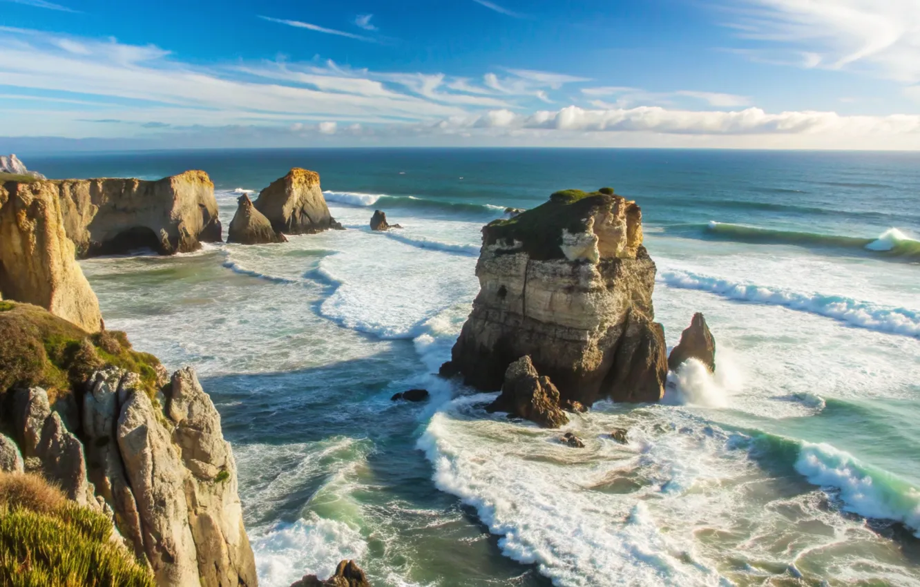 Photo wallpaper sea, wave, clouds, rocks, shore, waves, sea, ocean