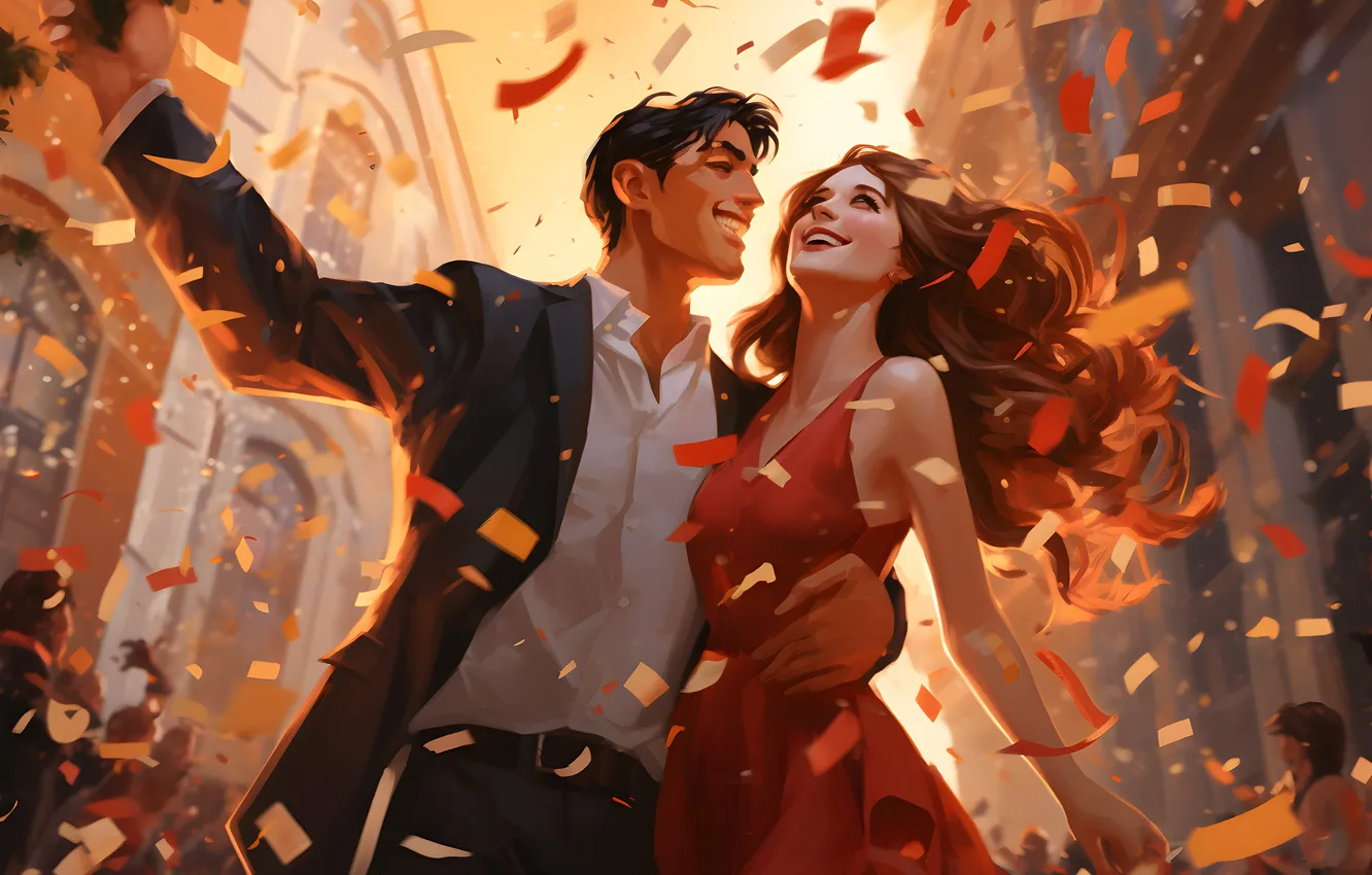 Photo wallpaper girl, joy, smile, new year, Christmas, guy, two, confetti