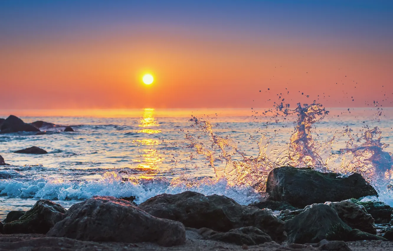 Photo wallpaper sand, wave, beach, the sky, the sun, landscape, sunset, nature