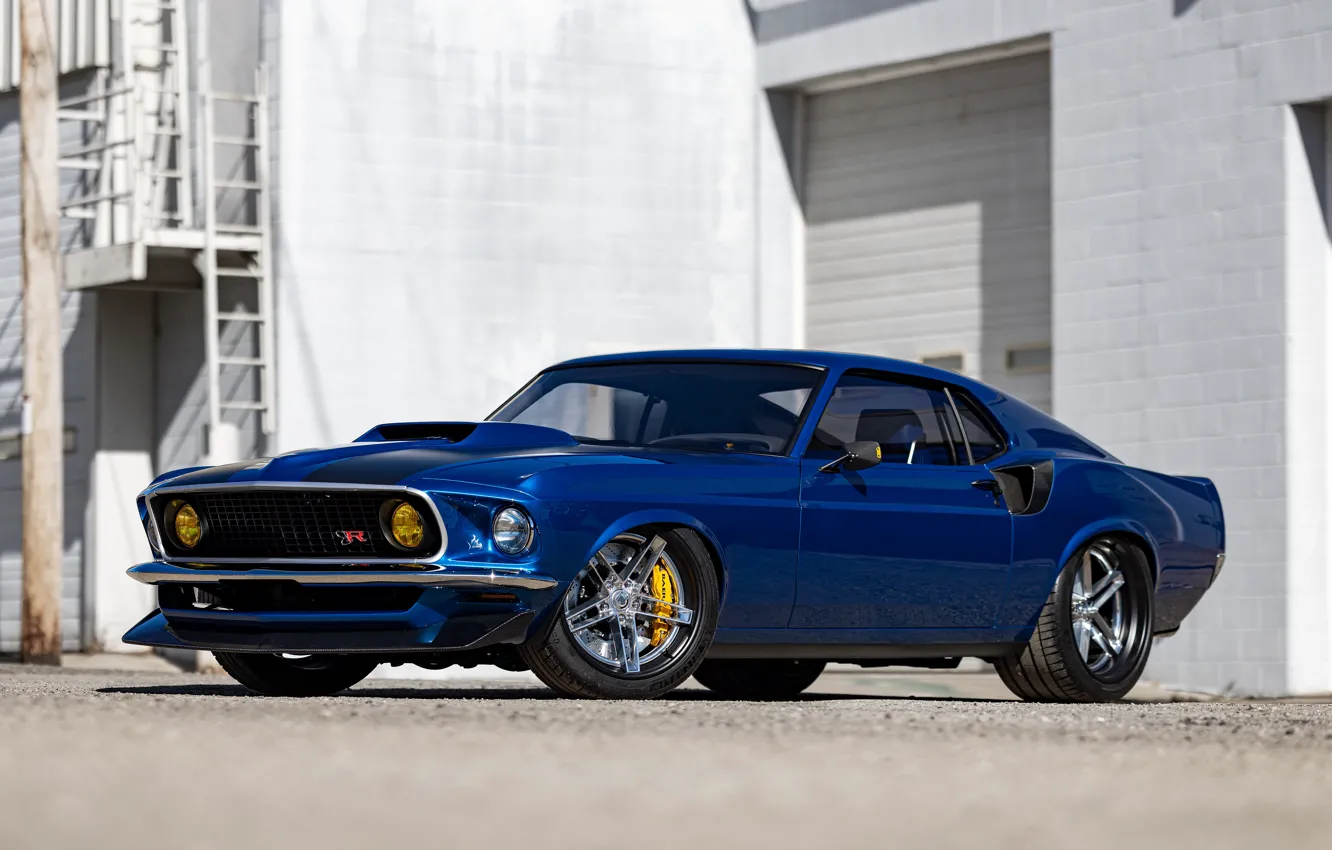 Photo wallpaper Mustang, Ford, 1969, Ford Mustang, Blue, Front, Building, SEMA