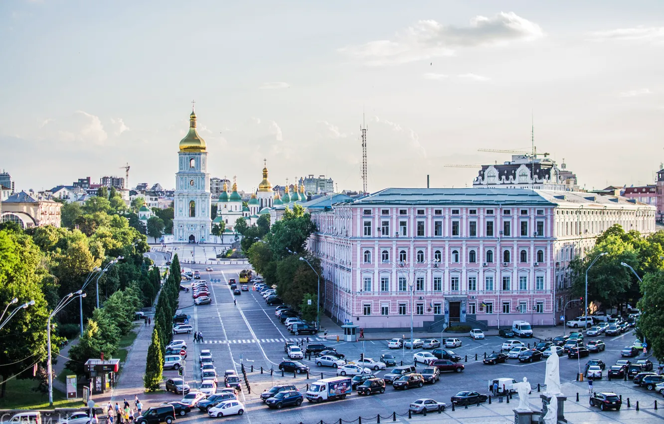 Photo wallpaper road, machine, the sky, the sun, clouds, trees, transport, street