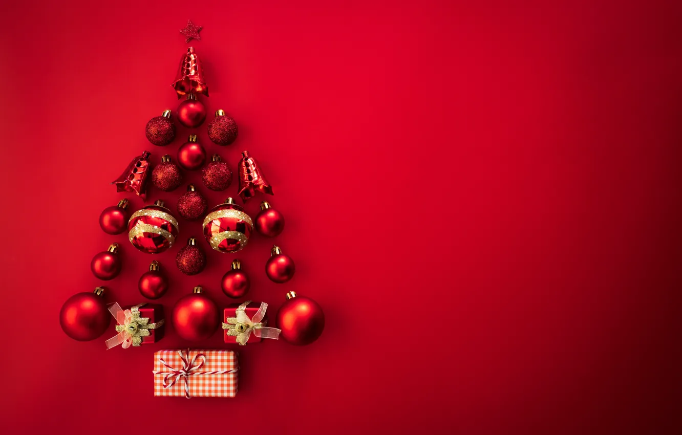 Photo wallpaper decoration, balls, tree, new year, Christmas, red, herringbone, Christmas