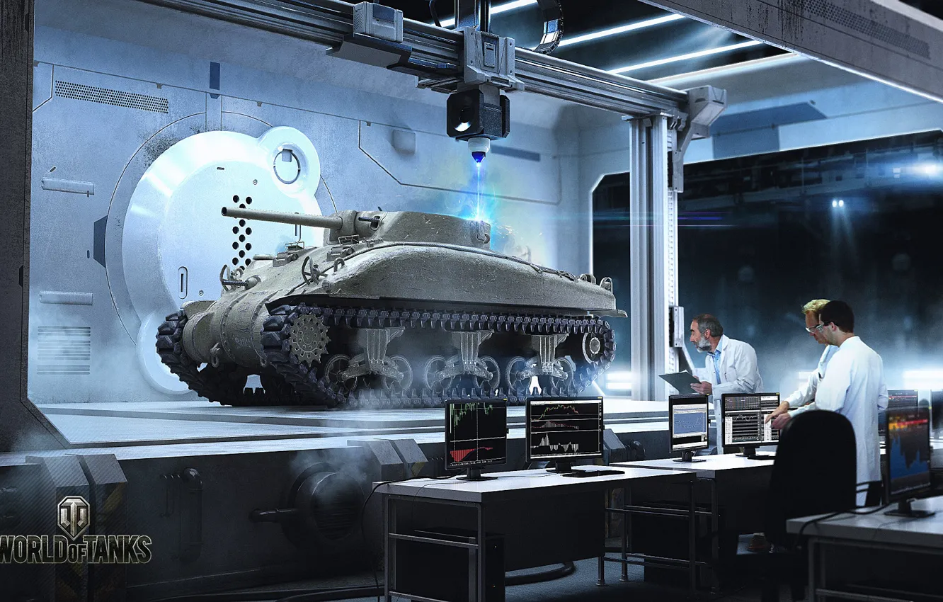 Photo wallpaper tank, scientists, World of Tanks, stand, server sherman