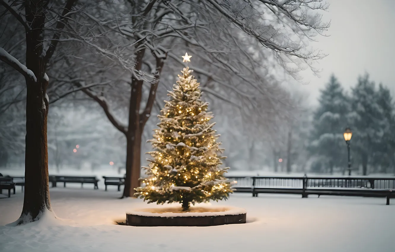 Photo wallpaper winter, snow, decoration, night, lights, Park, tree, new year