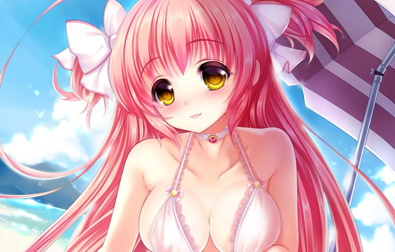 Photo wallpaper girl, sexy, cleavage, pink hair, long hair, boobs, anime, beautiful