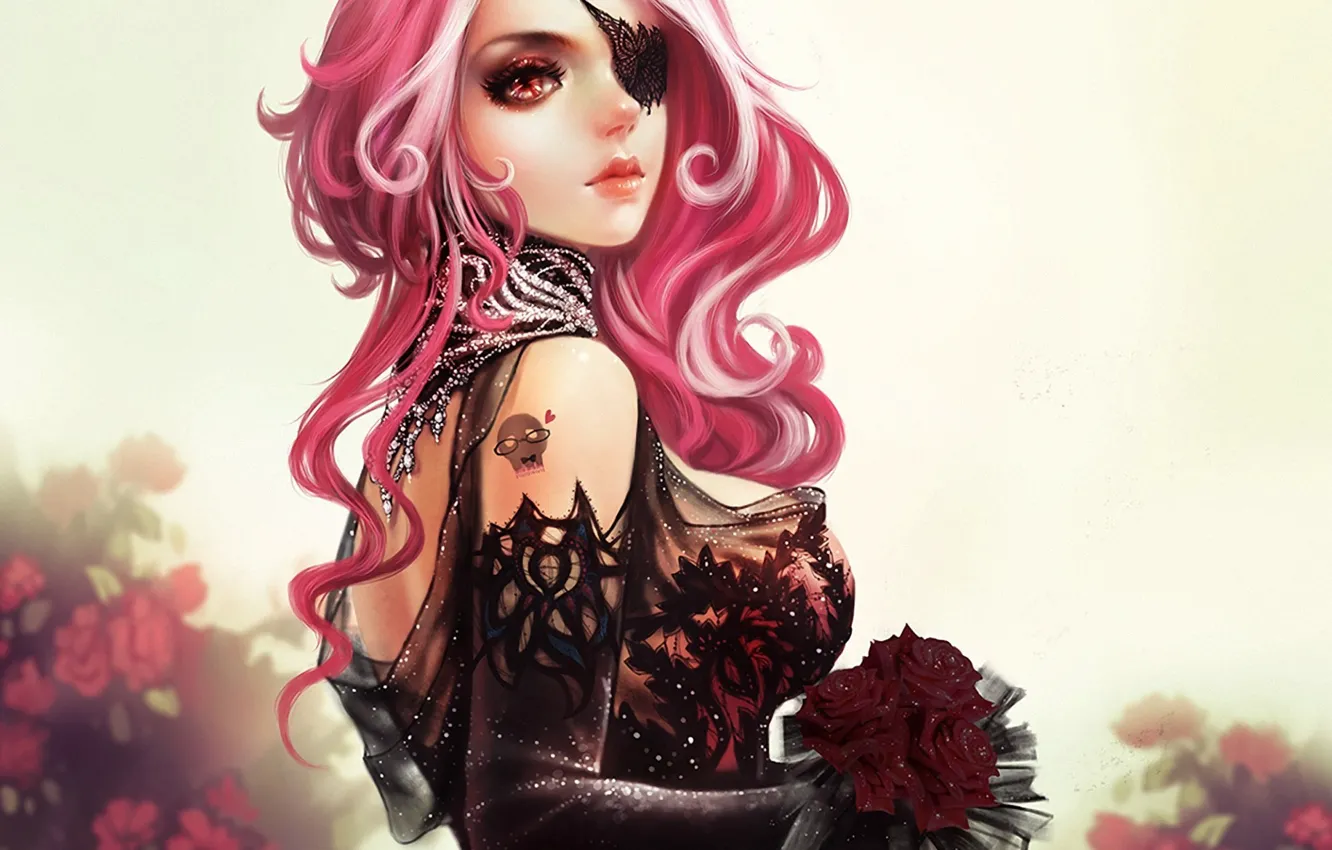 Photo wallpaper girl, flowers, bouquet, art, headband, lace, pink hair