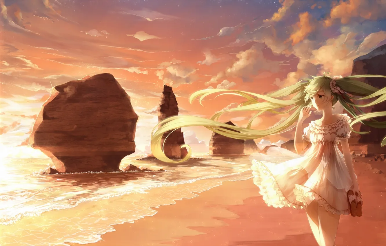 Photo wallpaper the sky, girl, clouds, sunset, the ocean, shore, anime, art