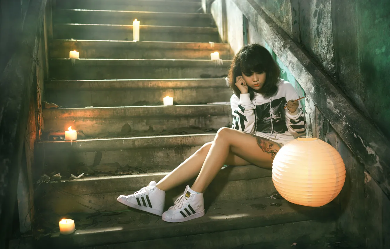 Photo wallpaper girl, candles, Asian