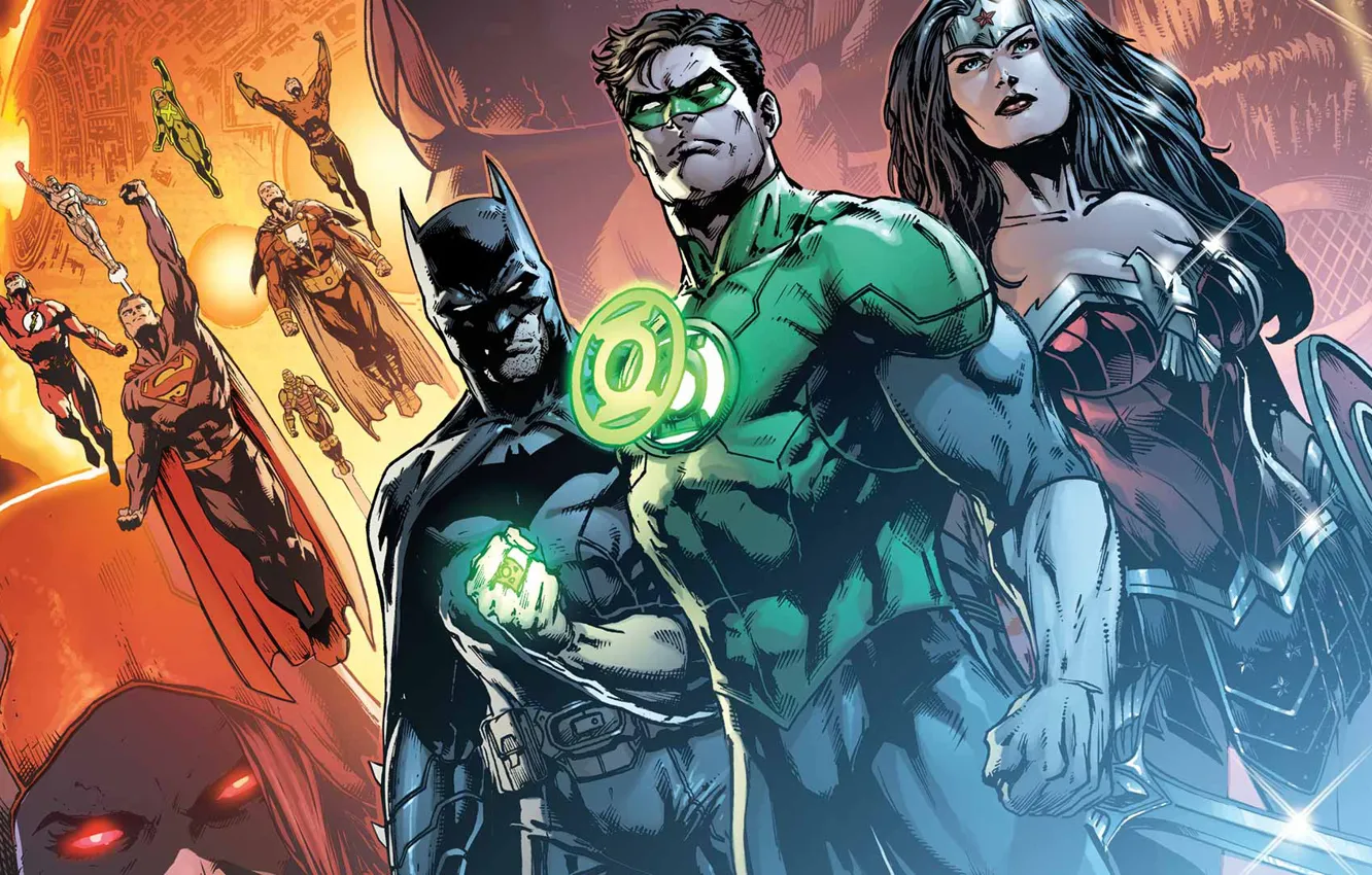 Photo wallpaper fantasy, Wonder Woman, Superheroes, Batman, Green Lantern, Superman, artwork, Comics