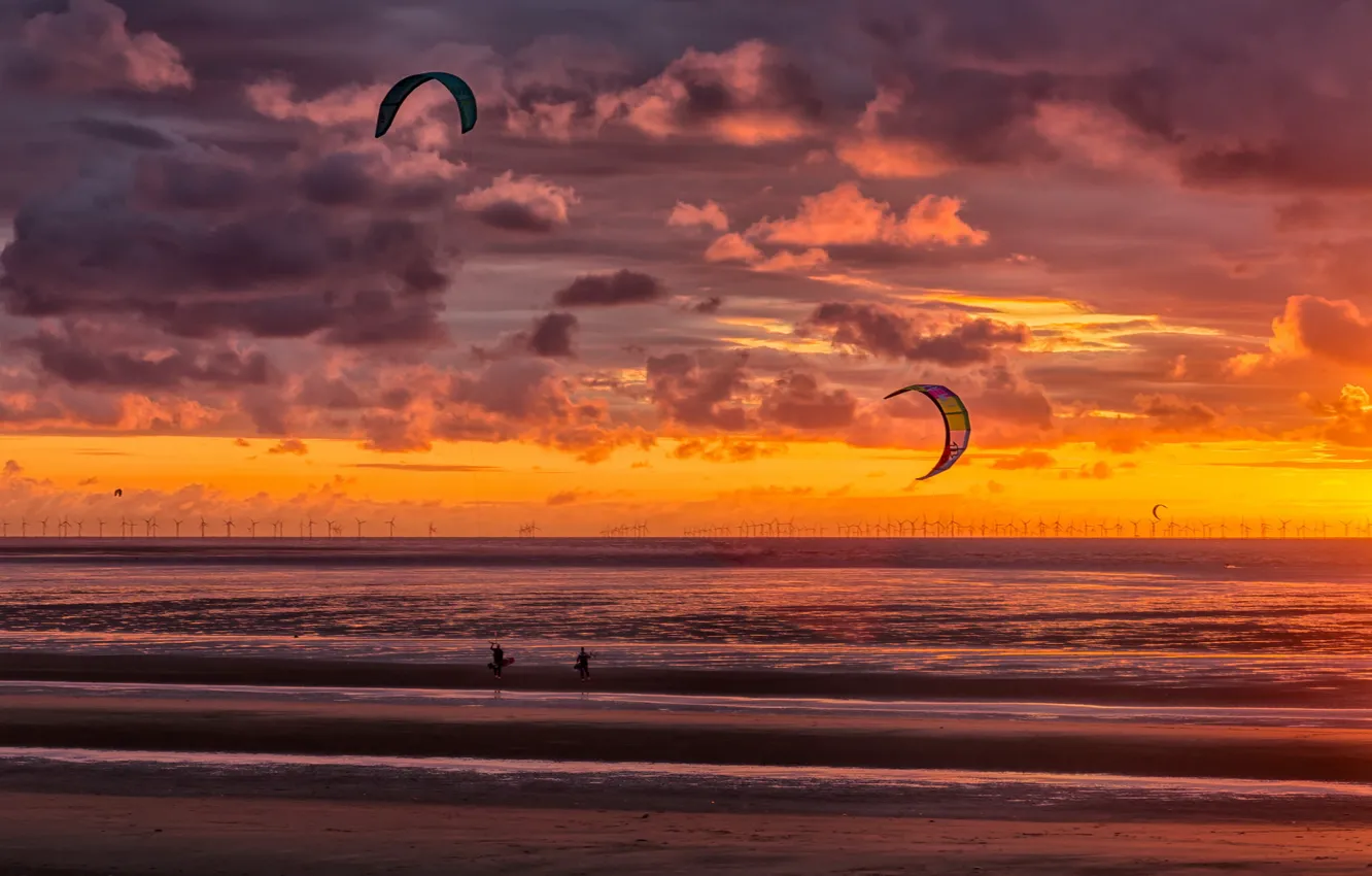 Photo wallpaper beach, sunset, New Brighton, kite surfers