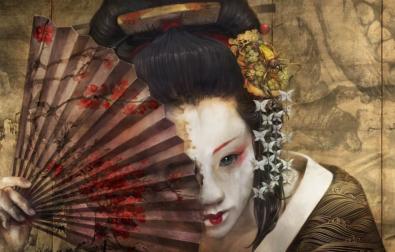 Photo wallpaper face, spider, makeup, fan, comb, hairstyle, geisha, flower in hair