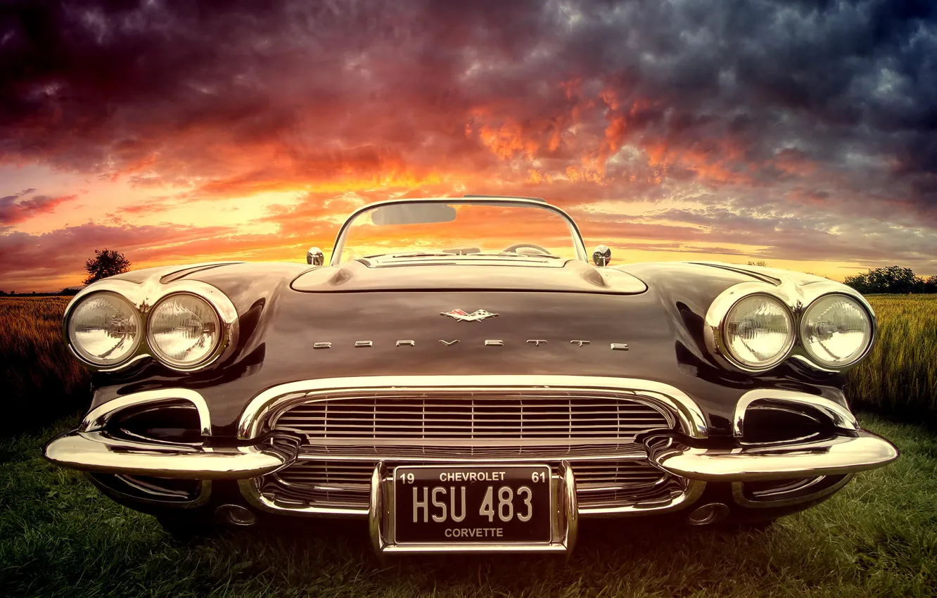 Photo wallpaper car, machine, sunset, corvette, rarity, classic, chrome, chrevrolet