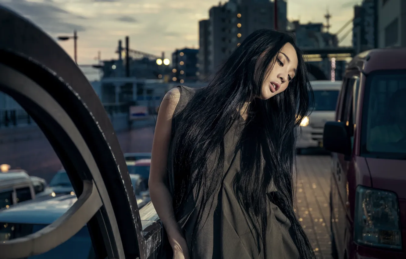 Photo wallpaper girl, machine, the city, style, mood, model, Asian, long hair