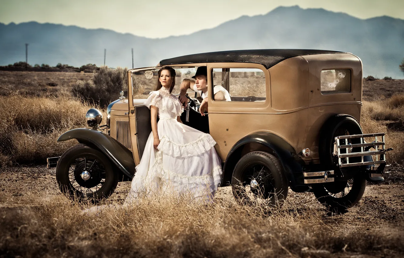 Photo wallpaper auto, girl, mountains, dress, male