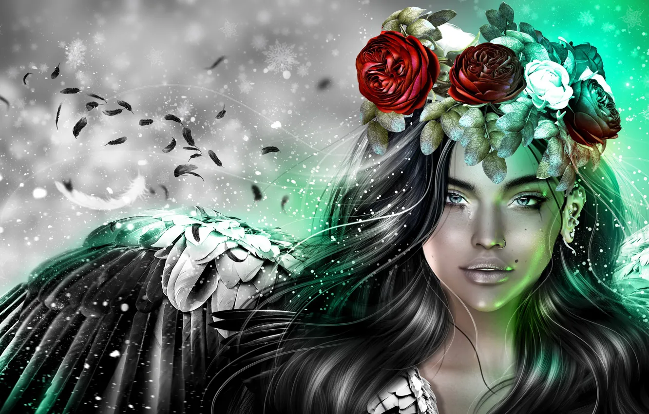 Photo wallpaper girl, roses, wings, angel, wreath