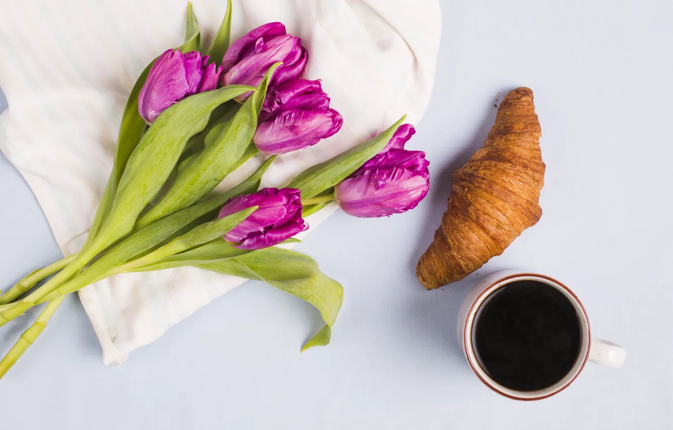 Photo wallpaper purple, coffee, bouquet, tulips, croissant