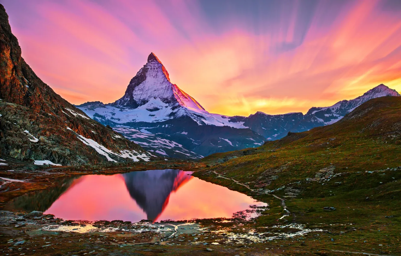 Photo wallpaper snow, landscape, mountains, lake, dawn