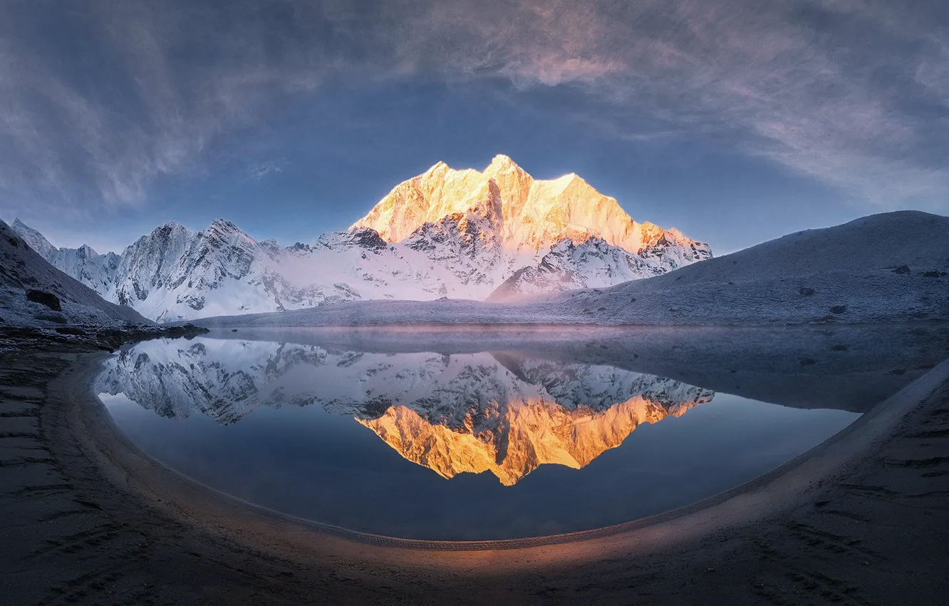 Photo wallpaper winter, beach, the sky, clouds, light, snow, mountains, fog