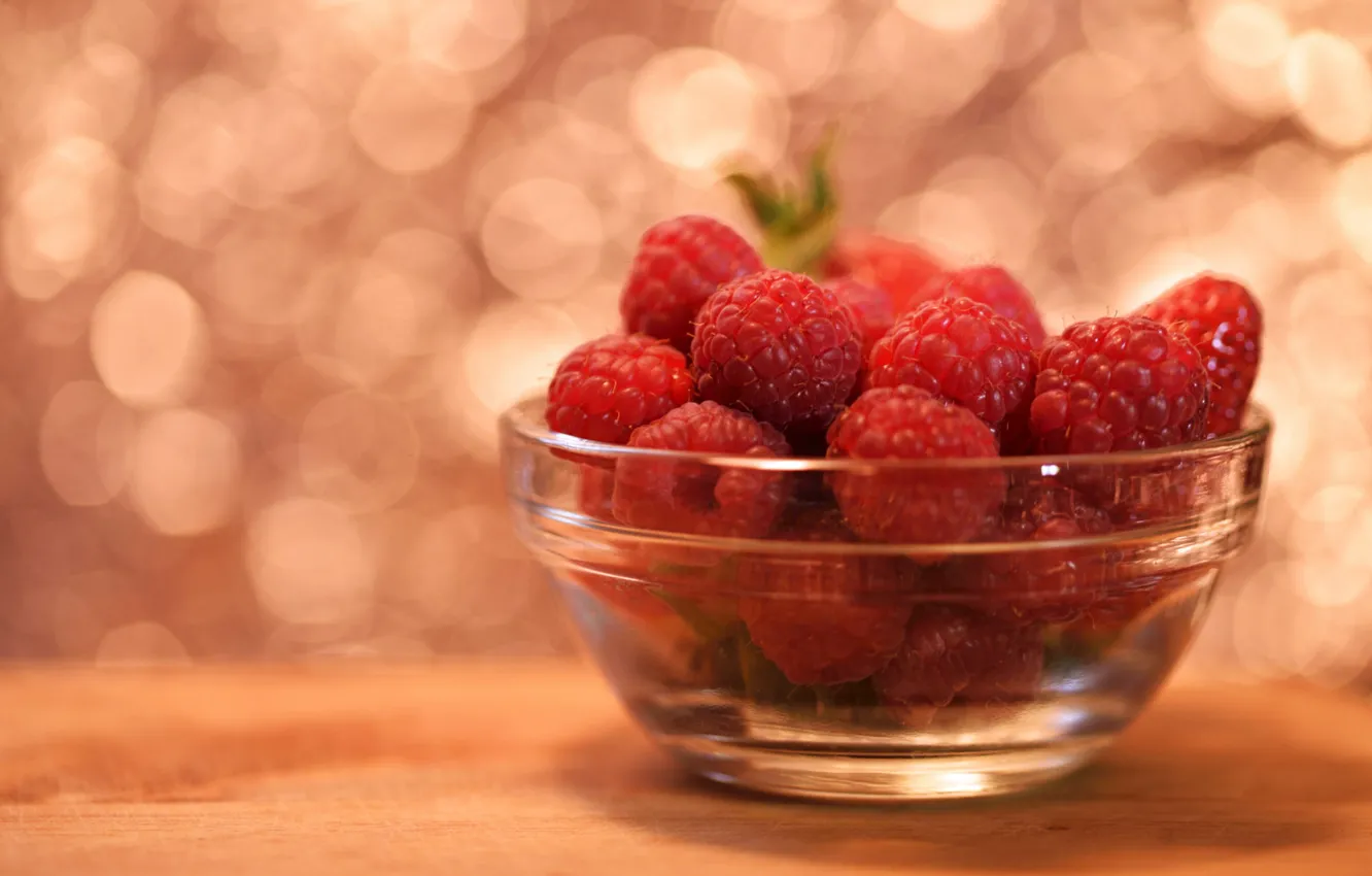 Photo wallpaper glass, berries, raspberry, bowl, bokeh