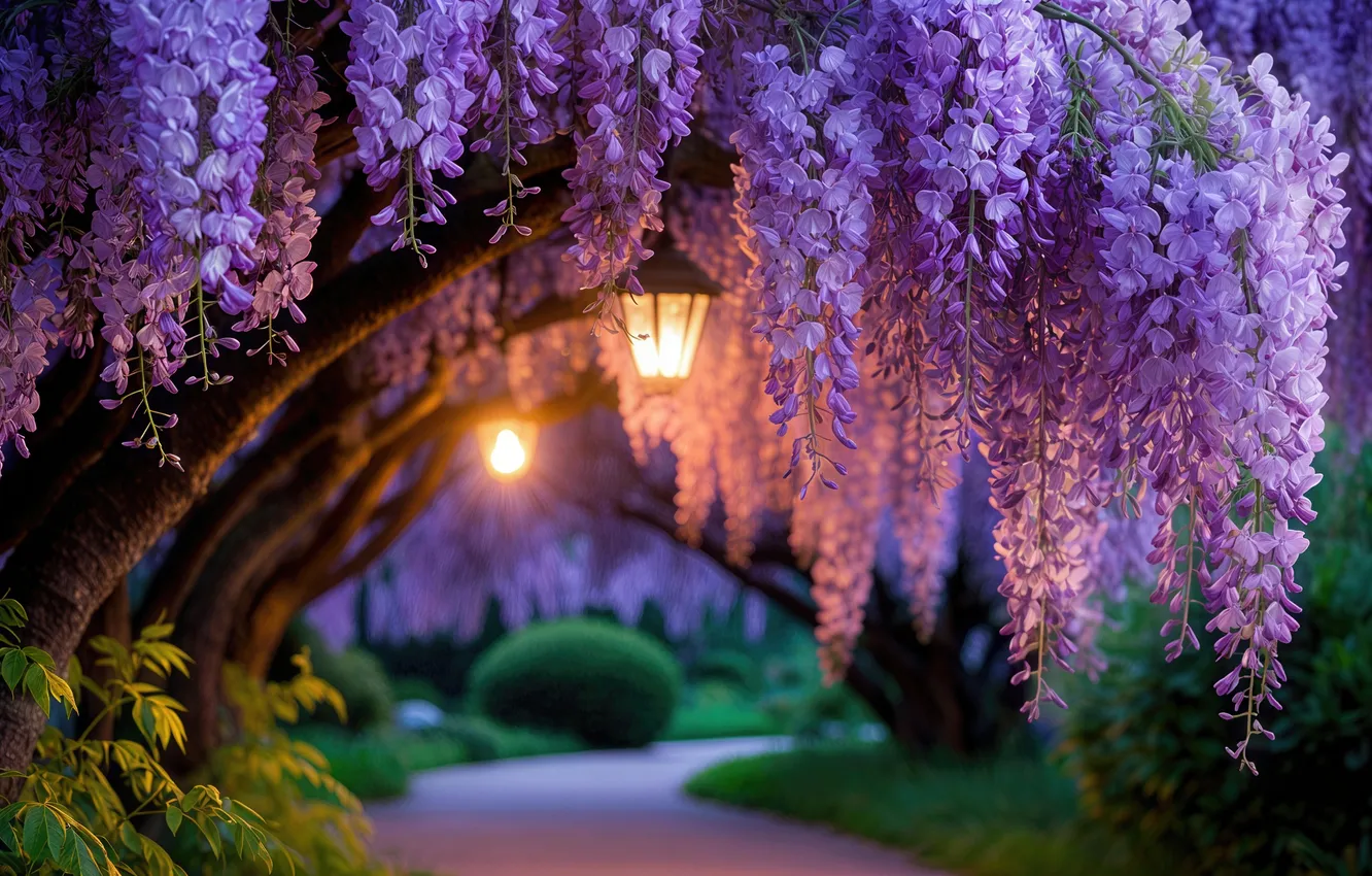 Photo wallpaper light, flowers, night, branches, Park, the evening, garden, lights