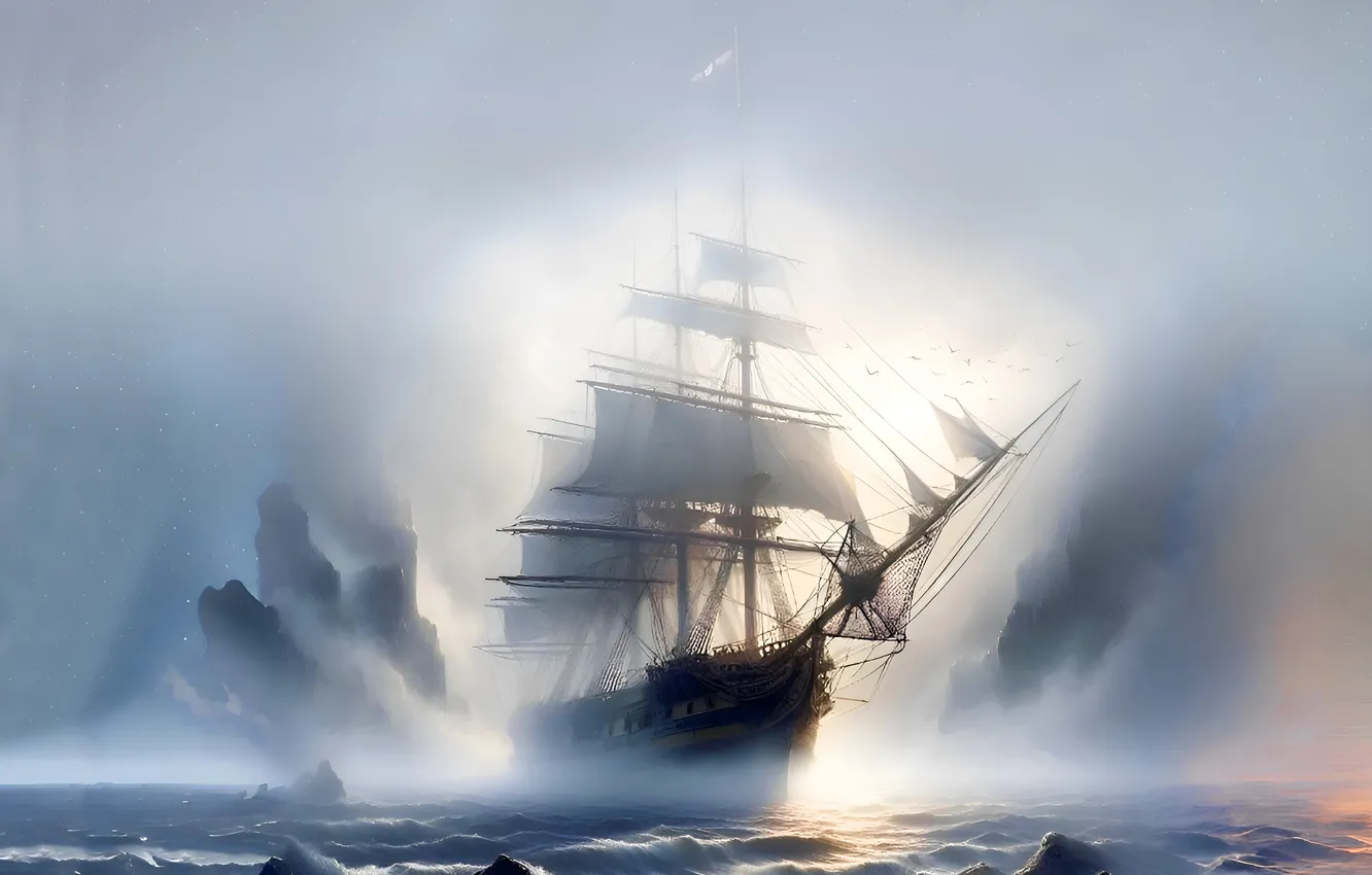 Photo wallpaper fog, ship, AI art, neural network