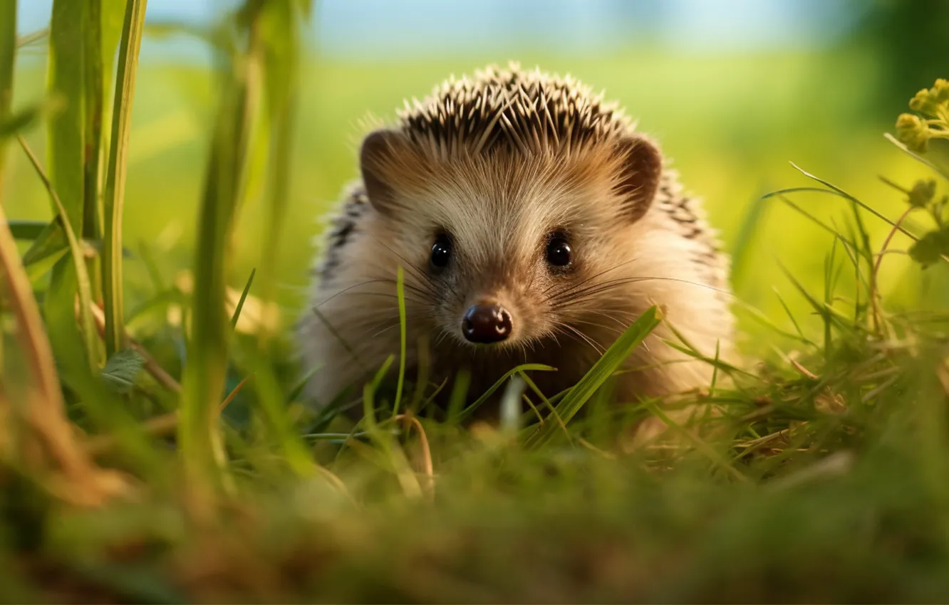 Photo wallpaper grass, look, nature, glade, face, hedgehog, hedgehog, AI art