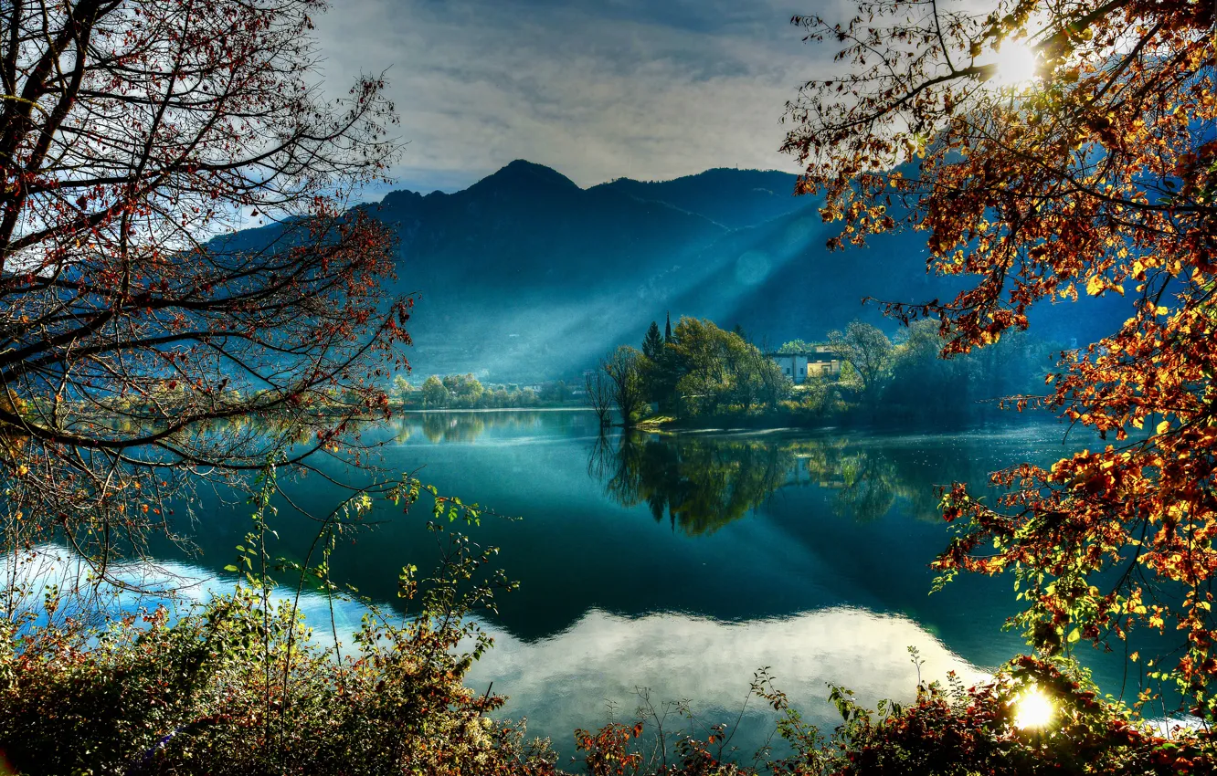Photo wallpaper autumn, trees, landscape, mountains, branches, nature, lake, Italy