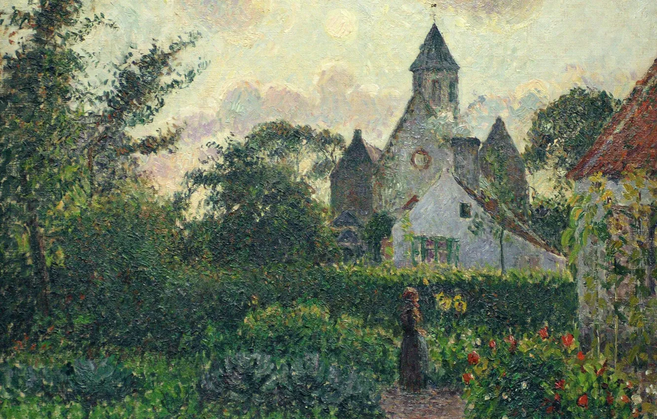 Photo wallpaper landscape, picture, garden, Camille Pissarro, The Church in Knokke