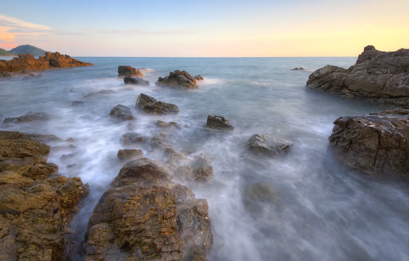 Photo wallpaper sand, sea, wave, beach, summer, the sky, stones, shore