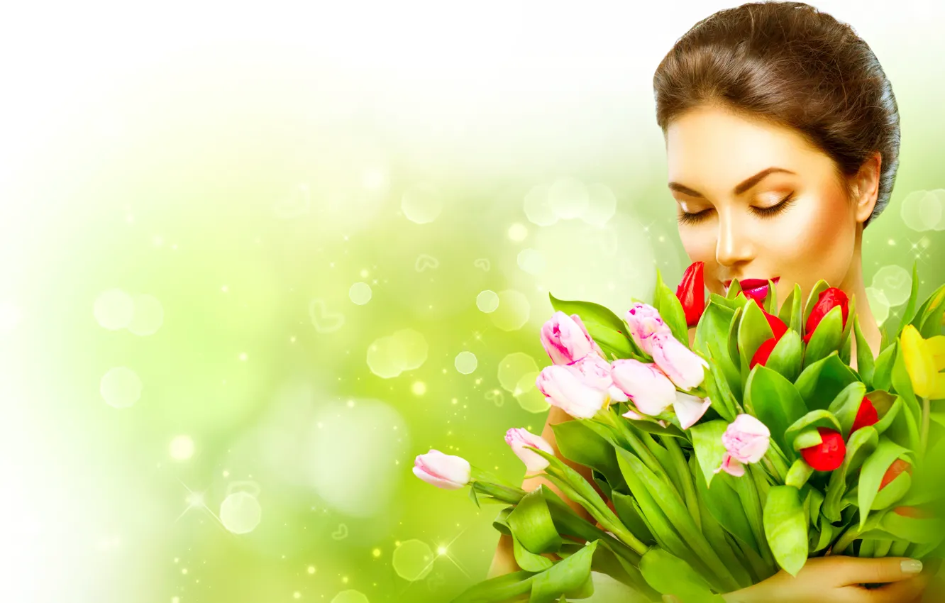 Photo wallpaper girl, flowers, red, glare, background, bouquet, makeup, hairstyle