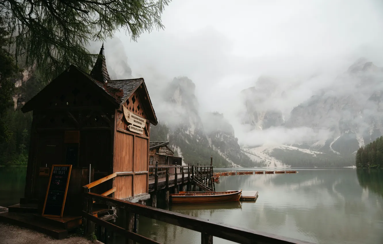 Photo wallpaper Italy, clouds, mountain, lake, Alpine, Dolomites, hut, Boathouse