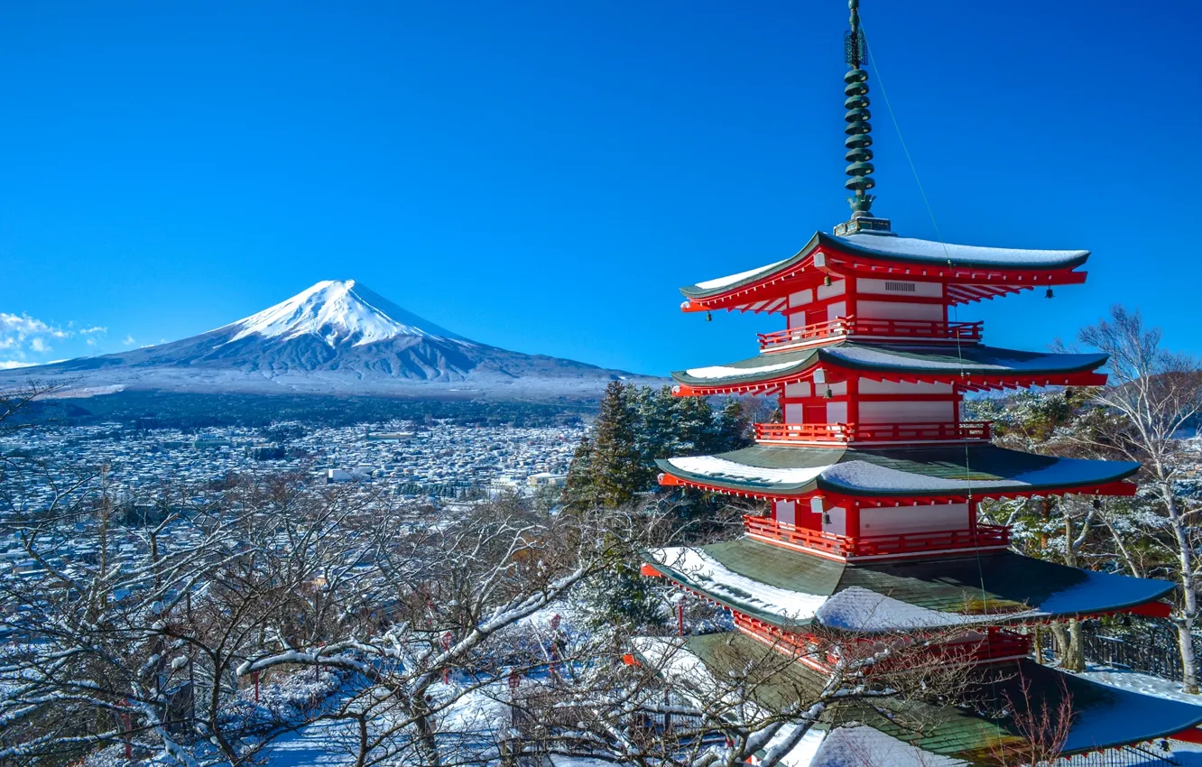 Photo wallpaper winter, mountains, the volcano, Japan, Fuji, panorama, pagoda, Japan